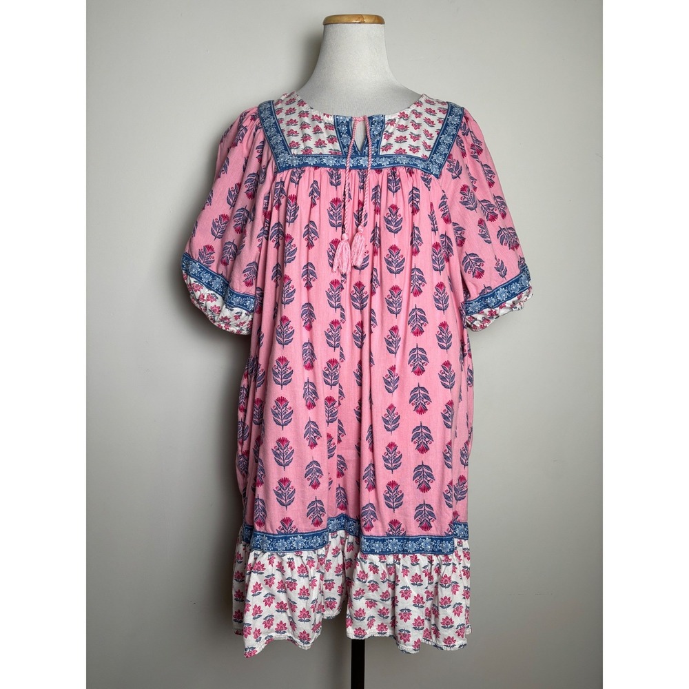 Old Navy Womens Cottage Mini Dress L Floral Block Print Boho Peasant Puff Sleeve
